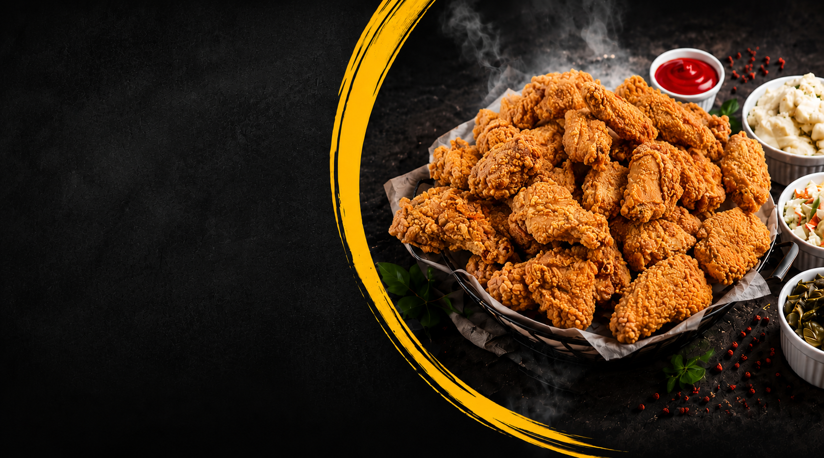 Basket of Indi's crispy fried chicken with soul food sides