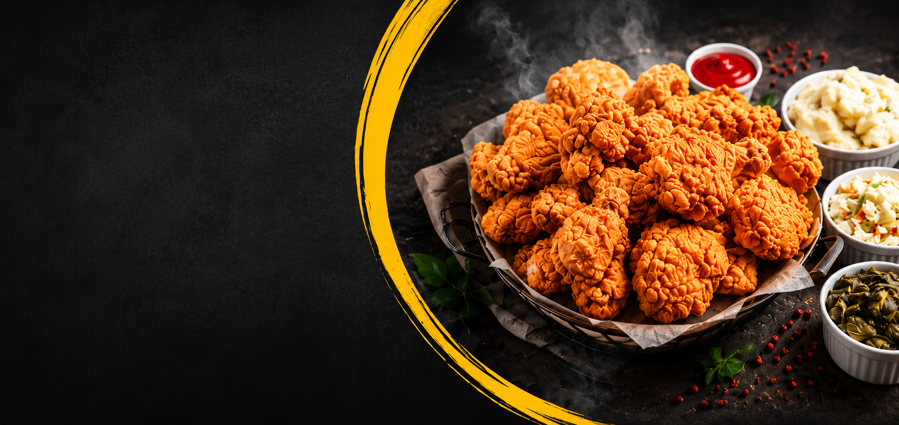 Basket of Indi's crispy fried chicken with soul food sides