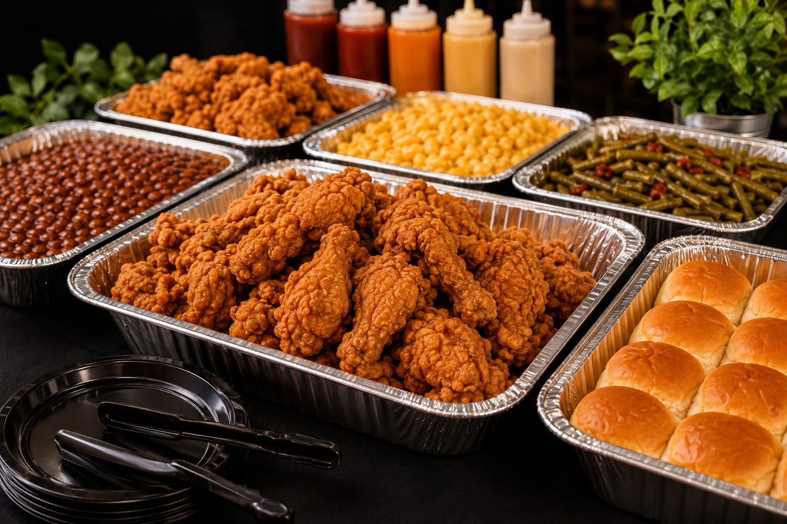 Catering trays of Indi's chicken and sides on a buffet table